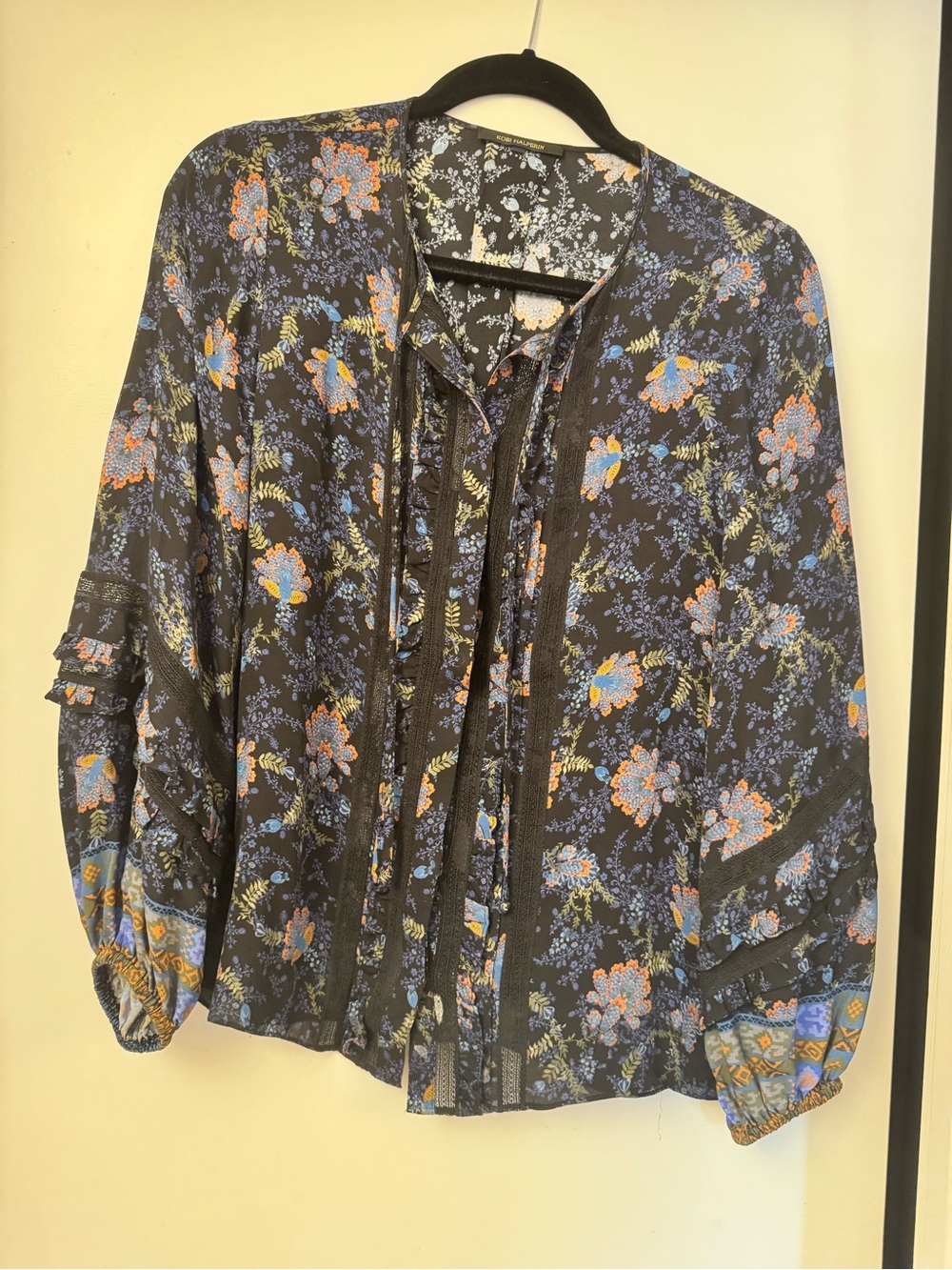 Kobi Halperin Black Floral Tie-Neck Blouse with Blue & Orange Accents, small
